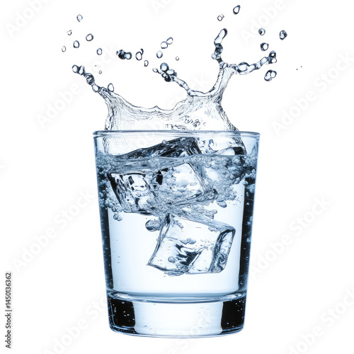 Refreshing glass of water with ice cubes and a splash