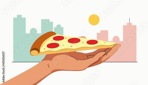 Pizza slice held in hand against cityscape background  