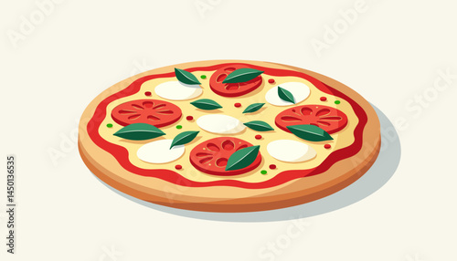 Delicious Pizza with Tomatoes and Mozzarella on Wooden Board  