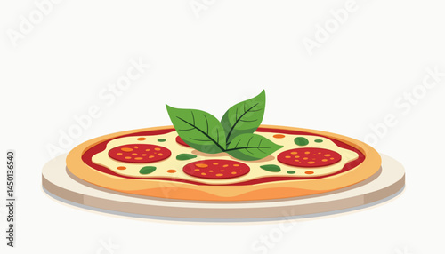 Pepperoni pizza with basil leaves on a wooden platter  