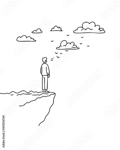 Standing Alone on Cliff Line Art – Self Reflection Vector Illustration