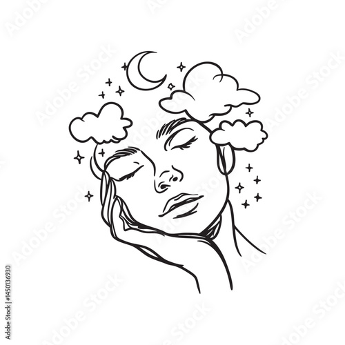 Dreamy Face with Moon and Clouds Line Art – Sleep and Mind Vector Illustration