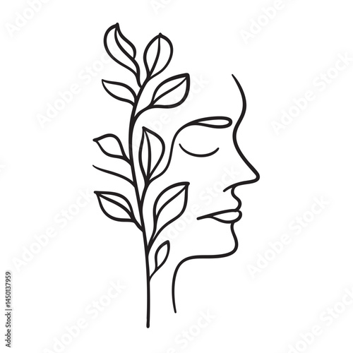 Nature and Face Harmony Line Art – Wellness and Mindfulness Vector Illustration