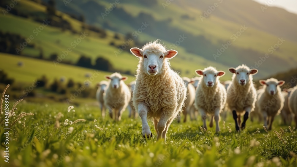 Fototapeta premium Sheeps on Meadow: A charming flock of sheep, with their fluffy white wool, confidently strides across a sun-drenched meadow, against a backdrop of rolling green hills.