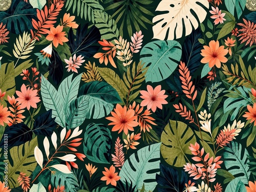Lush Floral Pattern: A vibrant and captivating pattern bursting with tropical flowers and foliage, offering a rich tapestry of natural beauty and botanical diversity.