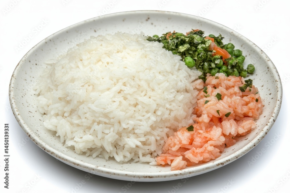 A plate of fluffy white rice served with vibrant green peas and pink salmon salad A plate of fluffy white rice served with vibrant green peas and pink salmon salad