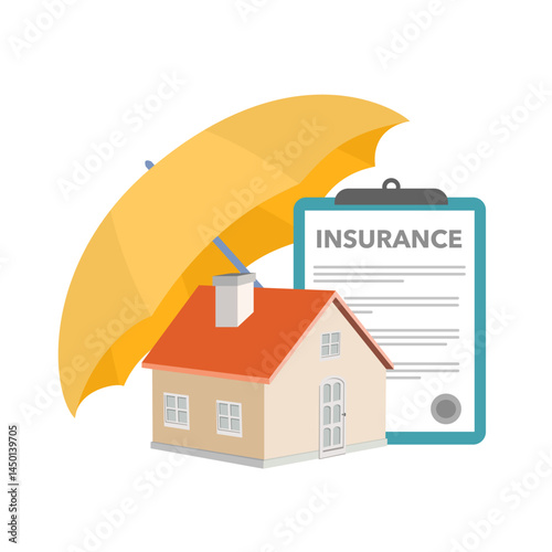 Property Insurance Agent Illustration. A Male Agent Holds an Umbrella to Protect a House. Home Insurance Service Concept