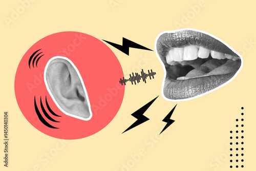 Collage of a woman mouth shouting to an ear on a red circle on a yellow background with copy space