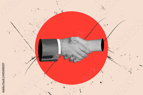 Collage of man and woman handshaking on a red circle on colored background with black lines