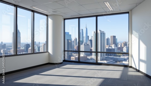 empty commercial office space with large windows city skyline view and clean white walls ideal for property listings