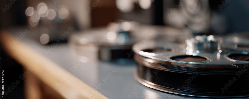 Film reels on studio table with blurred background Film reels on studio table with blurred background