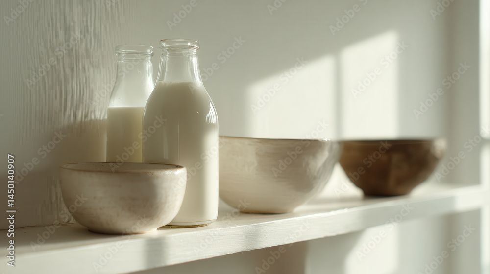 Sunlit kitchen shelf with glass milk bottles and bowls Sunlit kitchen shelf with glass milk bottles and bowls