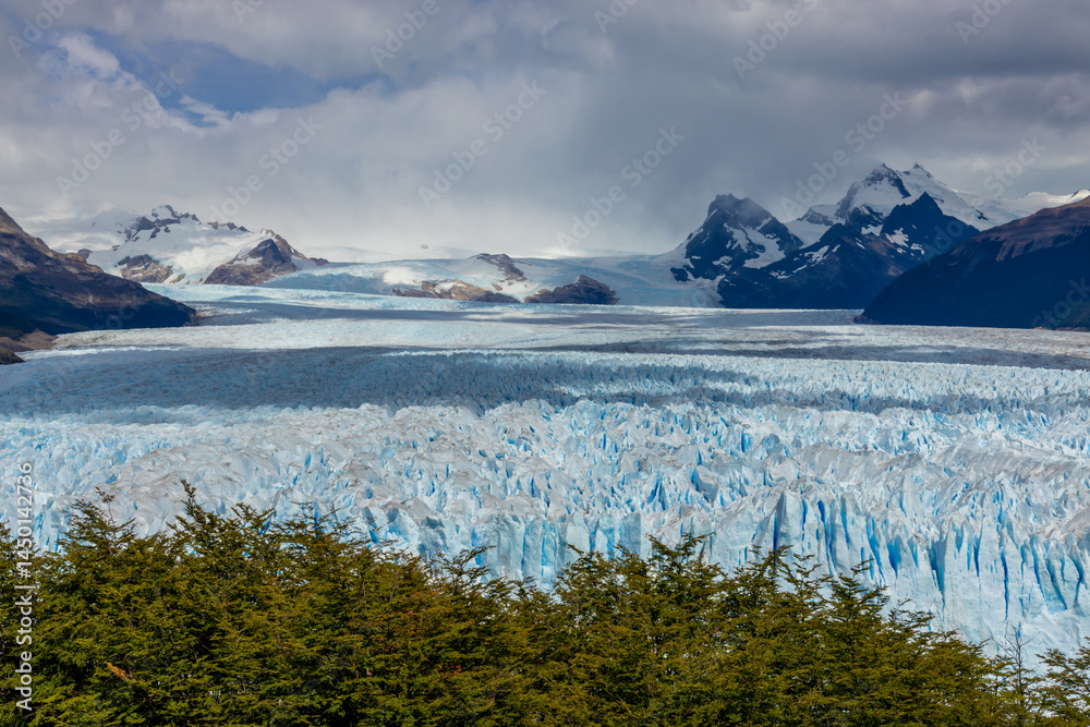Fototapeta premium Patagonia famous glacier Perito Moreno in Argentina. Blue ice blocks falling in the lake at the bottom of huge patagonian glacier, part of the Patagonia ice fields. Lake full of icebergs