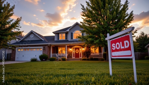 suburban home exterior during sunset with sold sign on lawn capturing emotional close of property transaction