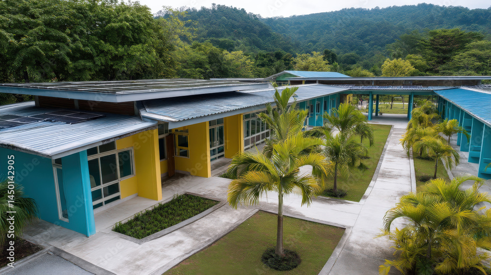 Fototapeta premium Aerial view of a vibrant sustainable school surrounded by greenery, showcasing modern architecture with solar panels and landscaped pathways