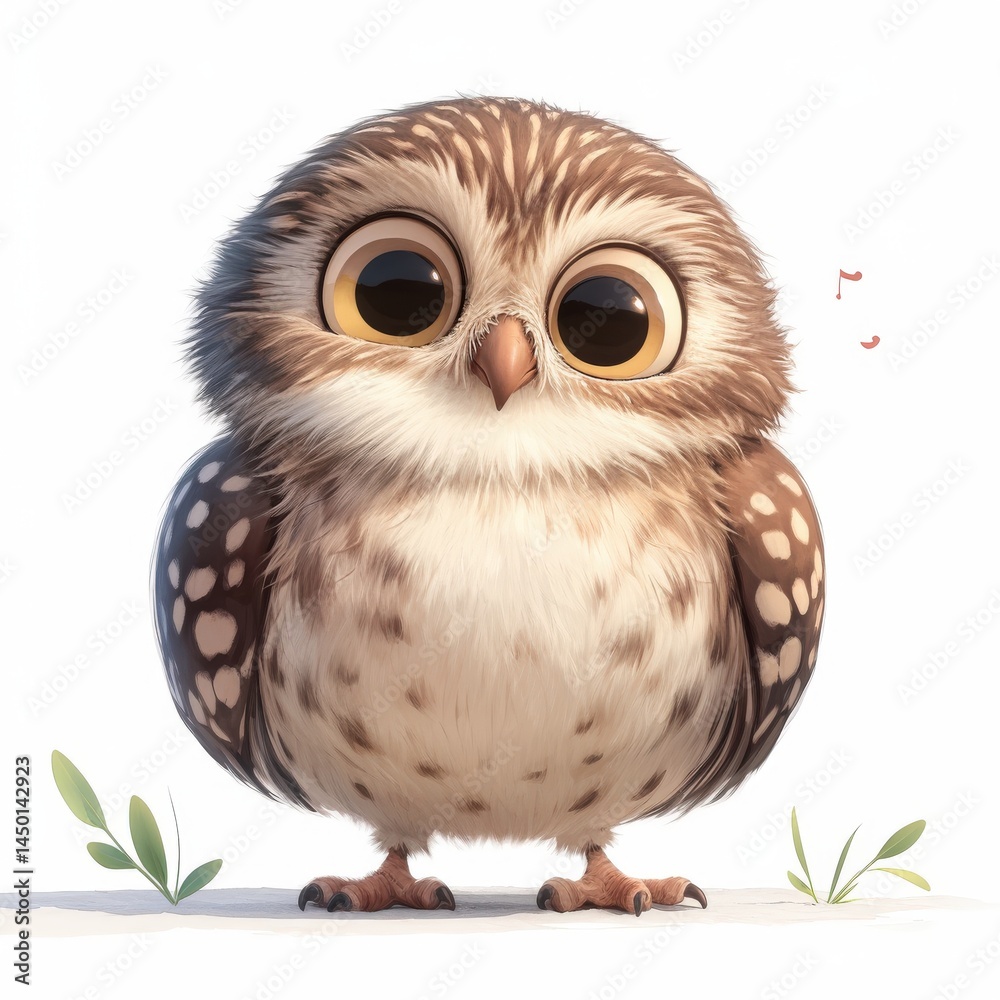 Naklejka premium Adorable cartoon owl with brown & white plumage, big eyes, on white base