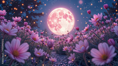 満月とピンクの花の風景