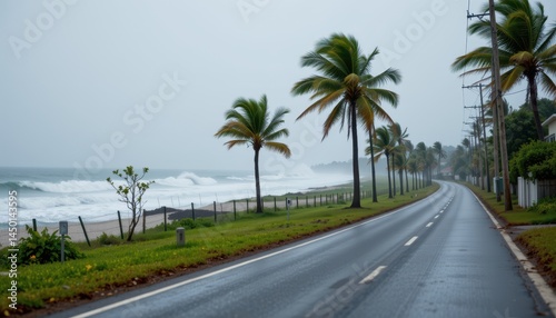 hurricane force winds bending palm trees along a coastal road with storm surge waves crashing ashore
