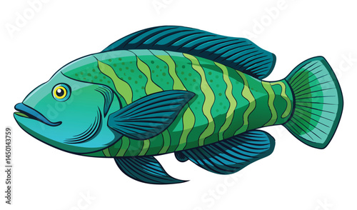 Vibrant green and blue striped fish illustration
