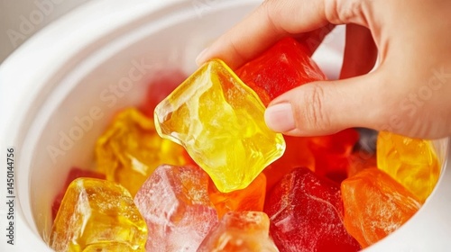 Woman loads colorful laundry gel pod into washer - cleaning concept. 