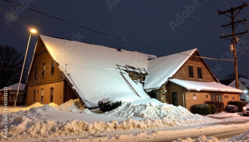 collapsed roof of a commercial building after heavy snow accumulation
