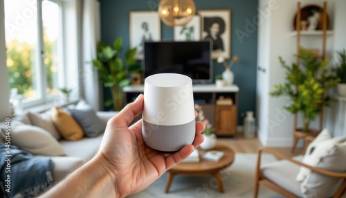 a person holding the latest smart home device like a voice assistant in hand with home decor in background