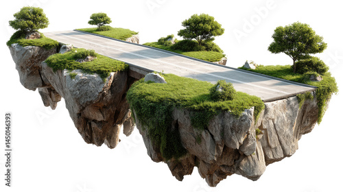 Elevated Road: An imaginative, surrealistic rendering of a road connecting floating land masses, complete with trees, grass and rocky terrain.