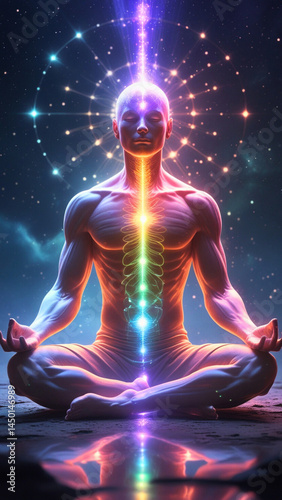 A glowing, meditative human figure sitting cross-legged in a cosmic or ethereal environment, body made of soft gradients of colored light. Visualize the full energy aligned vertically through the spin