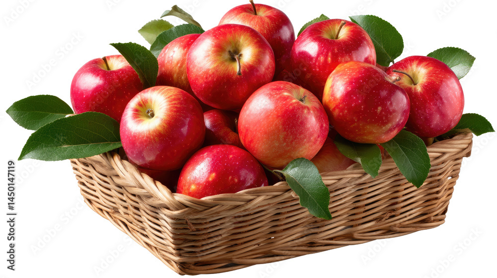 Red Apples in Basket: A full basket overflowing with ripe red apples, glistening with a fresh dew and accompanied by vibrant green leaves, promising a burst of natural sweetness. Red Apples in Basket: A full basket overflowing with ripe red apples, glistening with a fresh dew and accompanied by vibrant green leaves, promising a burst of natural sweetness.