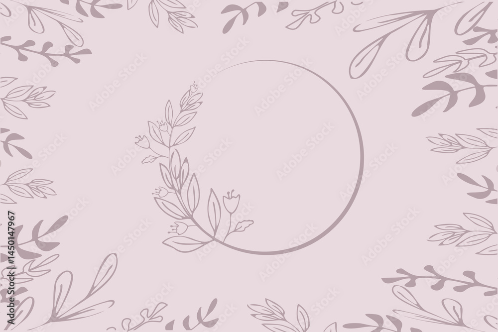 Obraz premium Minimal line art floral frame on pastel pink background. Elegant botanical wreath with hand-drawn leaves and flowers. Perfect for wedding cards, branding, or invitation design. Copy space