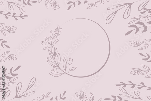 Minimal line art floral frame on pastel pink background. Elegant botanical wreath with hand-drawn leaves and flowers. Perfect for wedding cards, branding, or invitation design. Copy space