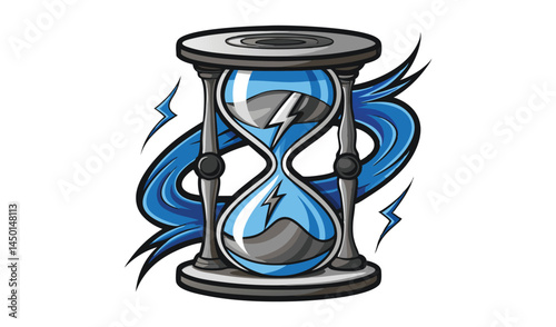Stylized hourglass with lightning and blue swirl