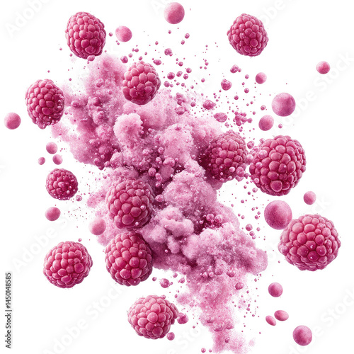 Pink raspberries explode in a burst of powder.  A cluster of vibrant raspberries are surrounded by a cloud of pink powder, creating a dynamic and colorful display