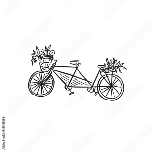 A tandem bicycle with florals on back and in front basket. Black and white hand drawing.