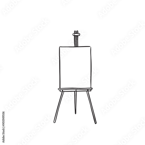 A blank easel with a board mounted. Black and white hand drawn sketch. Presentation, wedding or artist