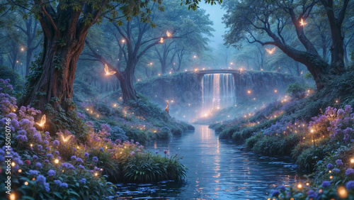 光る花と蝶と夜の森の風景