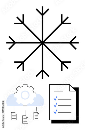 Fotografie Snowflake at top, gear connecting processes below, checklist with blue ticks signifying completion