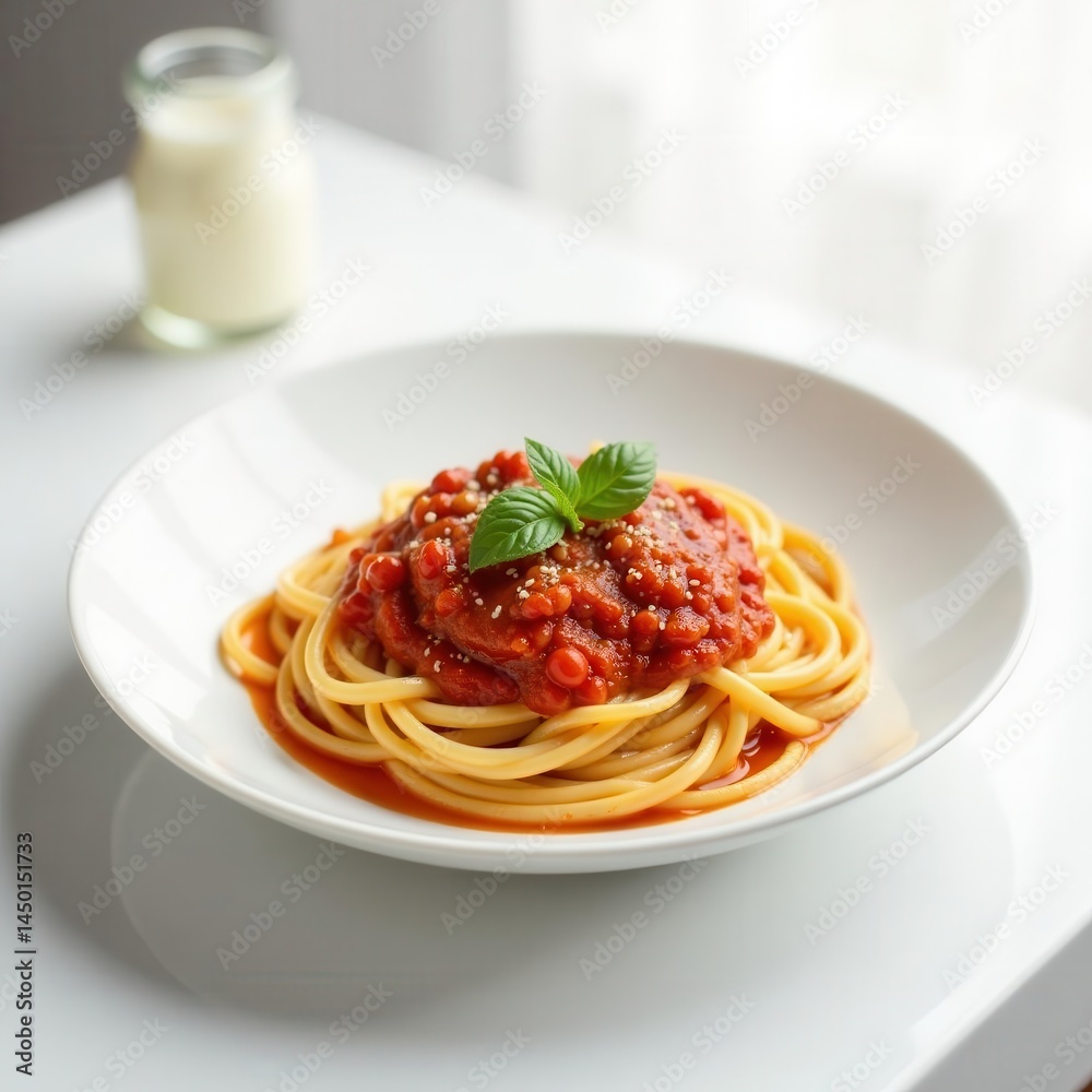 A plate of spaghetti with rich tomato sauce sits on a pristine white table , white table, image, italian food A plate of spaghetti with rich tomato sauce sits on a pristine white table , white table, image, italian food