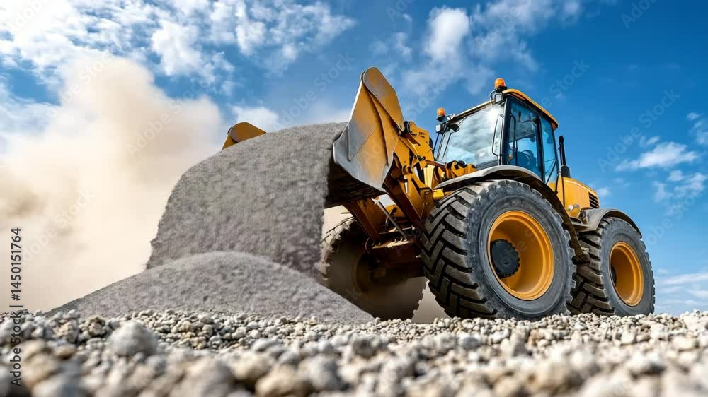 Heavy Machinery in Operation: A dynamic construction scene showcasing a powerful front-end loader at work, efficiently moving a pile of gravel against a backdrop of a bright blue sky.