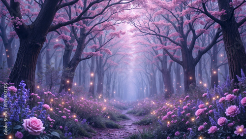 ピンクの花と夜の森の風景