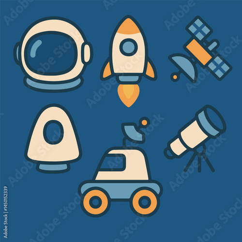 Space Exploration Vector Icon Set – Astronaut Helmet, Rocket, Satellite, Rover & Telescope