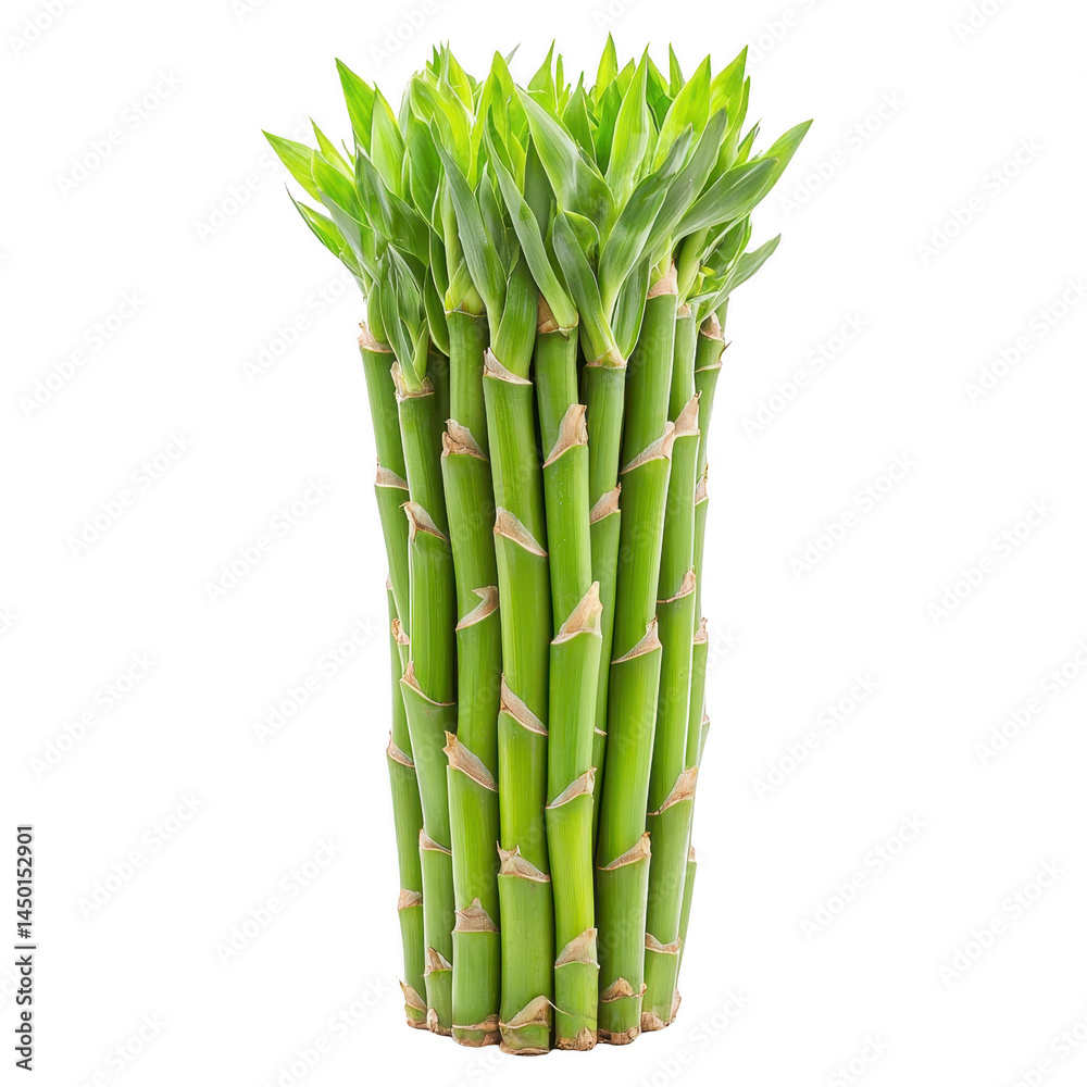 Fototapeta premium Bundle of fresh green bamboo stalks with vibrant leaves, symbolizing growth and nature, isolated on transparency background