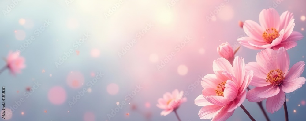 Naklejka premium Pastel floral banner, soft focus, dreamy effect, spring, soft color flowers, soft pastel background