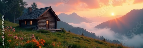 Rustic cabin, wildflowers, misty mountains Sunrise , calm, cabin, scenic