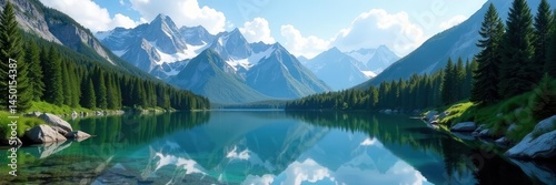 Serene alpine lake reflects snow-capped peaks; evergreen forest surrounds , panorama, sky, rock
