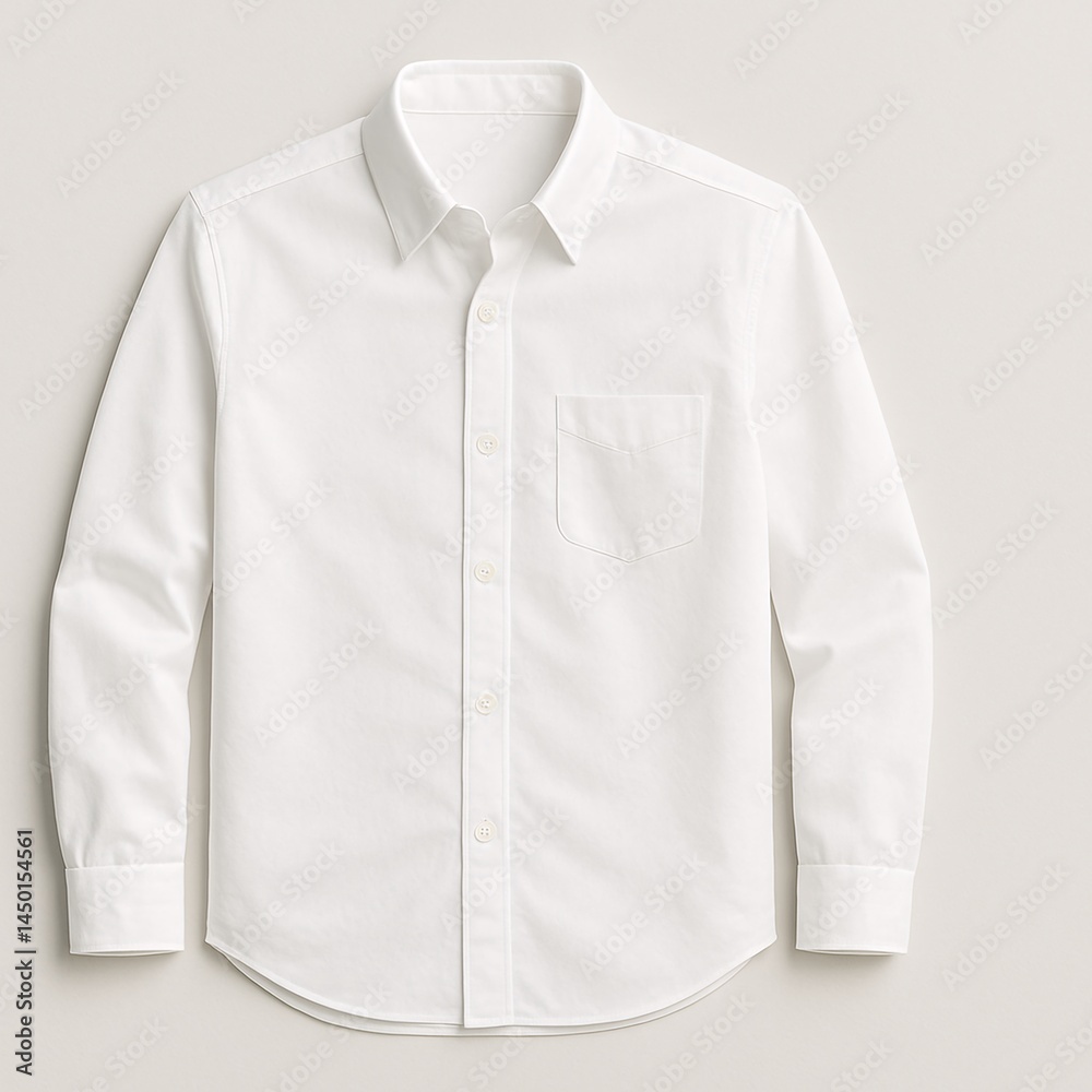 A neatly pressed white dress shirt with long sleeves, a front chest pocket, and a button-down closure, laid flat against a neutral background.
A neatly pressed white dress shirt with long sleeves, a front chest pocket, and a button-down closure, laid flat against a neutral background.