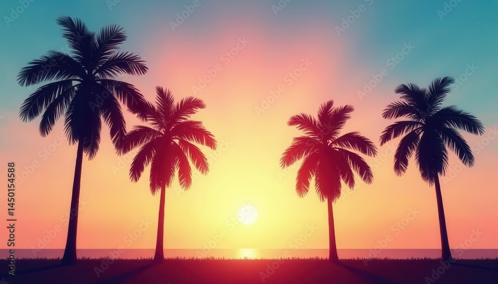 Obraz premium Several palm tree silhouettes stand tall against a clear bright sky , silhouette design, tropical scene