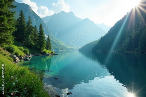 Serene mountain lake nestled in lush forest, sunlight dappling water , mountain lake, still, alpine