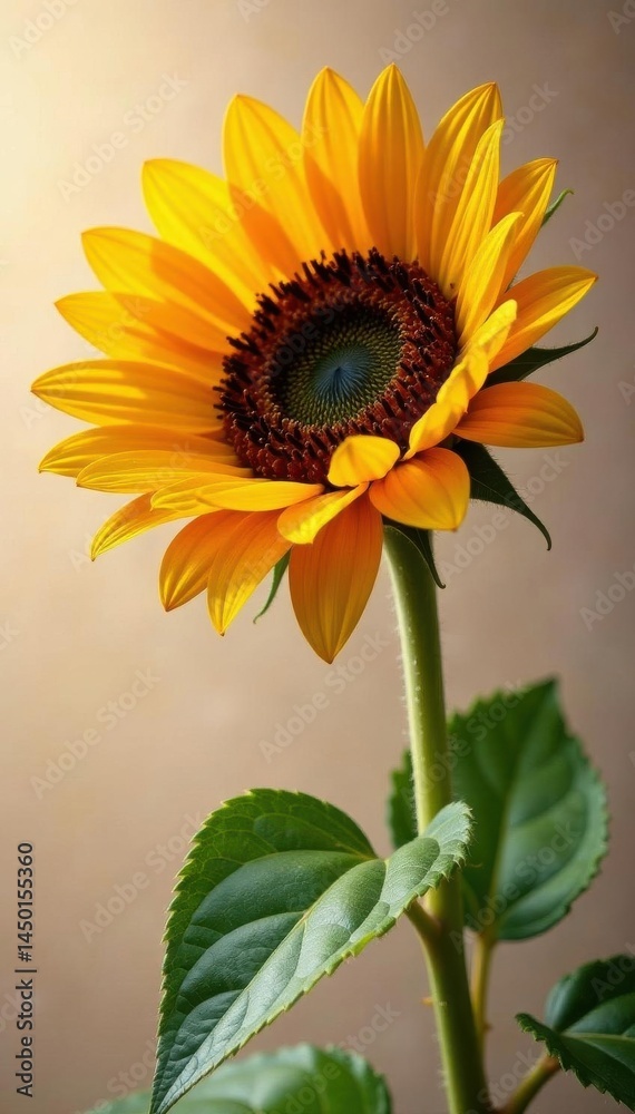 Fototapeta premium Single vibrant sunflower, petals fully open, isolated , single, head, summer