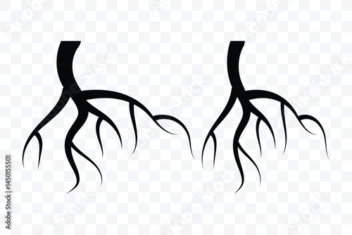 Tree root icon set. Plant root system. Tree stump icon set. Realistic black roots illustration. Silhouette Vector illustration. 